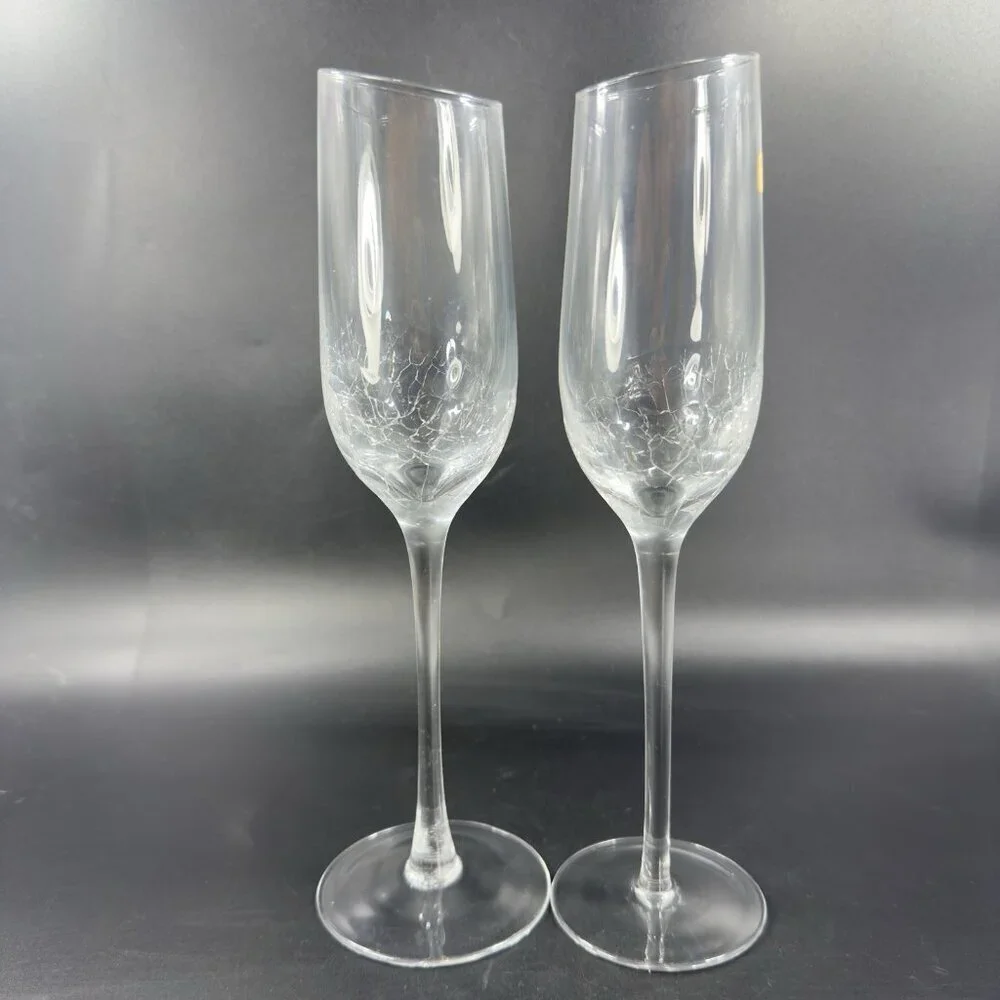 Pier 1 Clear Glass Crackle Angled Rim Goblet Drinking Glasses Cups Flutes Set 2